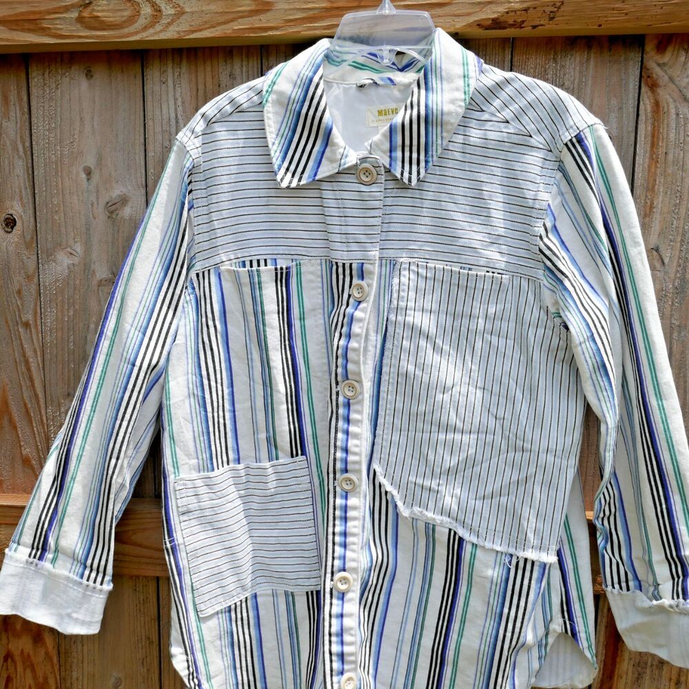 Anthropologie Maeve Striped Shirt Jacket Shacket Cotton Spandex Pocket Large - Picture 1 of 8
